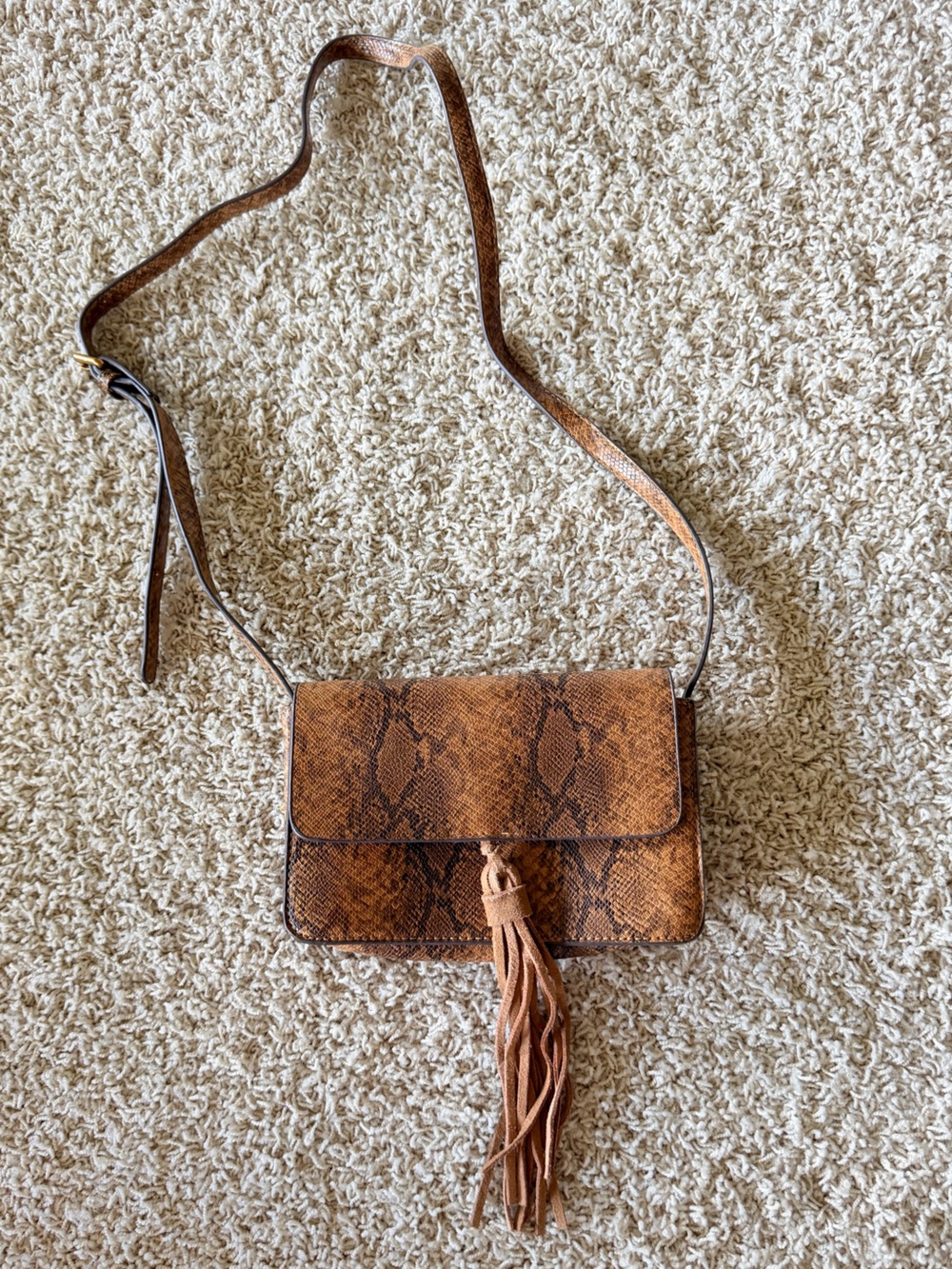 Street Level Snake-Print Crossbody Bag in Brown with Tassel